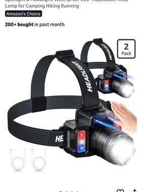 Bright Adjustable Black Headlamp with Motion Sensor - 2 Pack